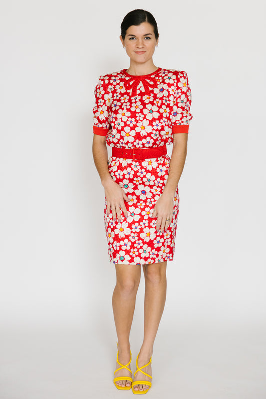 Valentino Red Floral Belted Dress