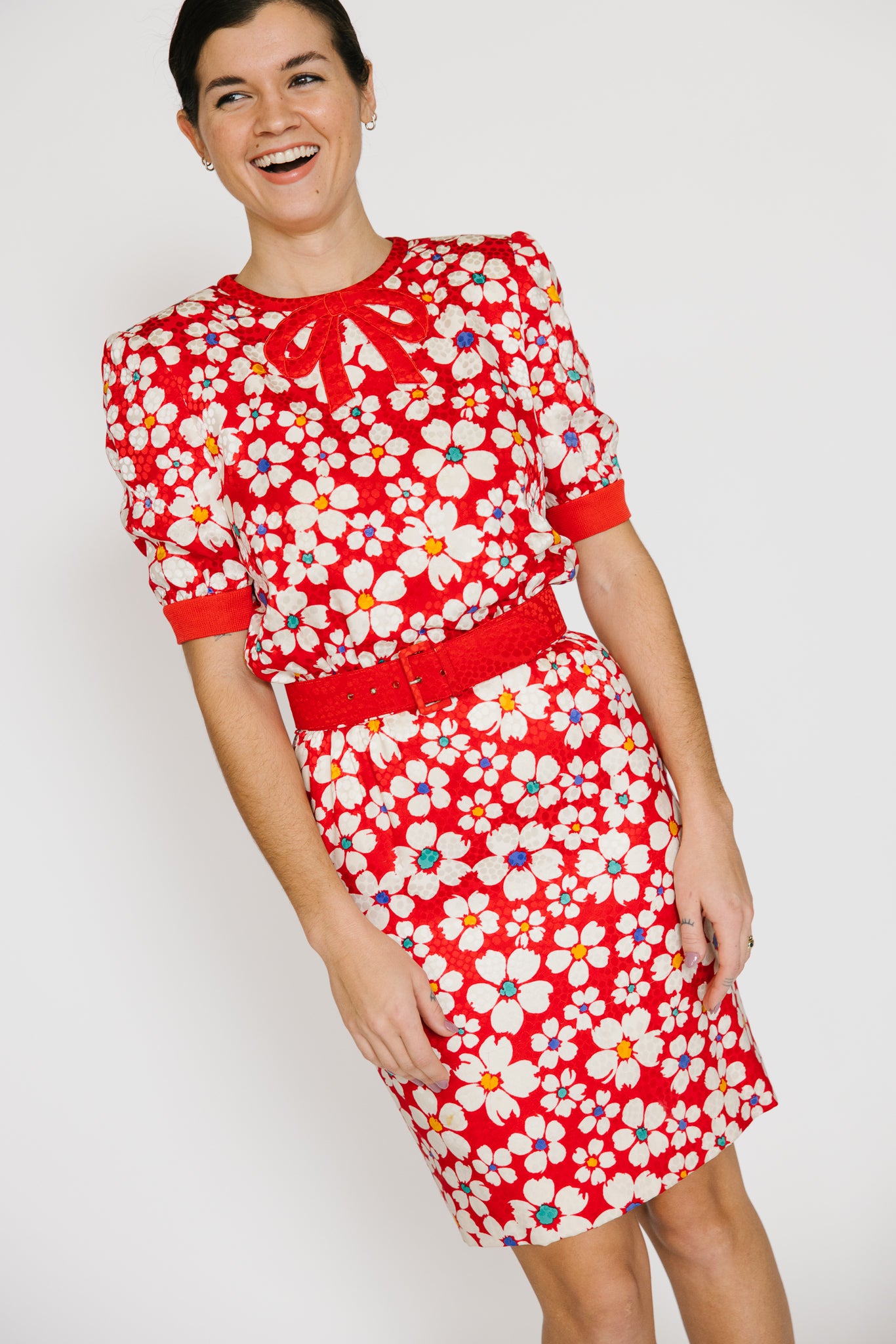 Valentino Red Floral Belted Dress