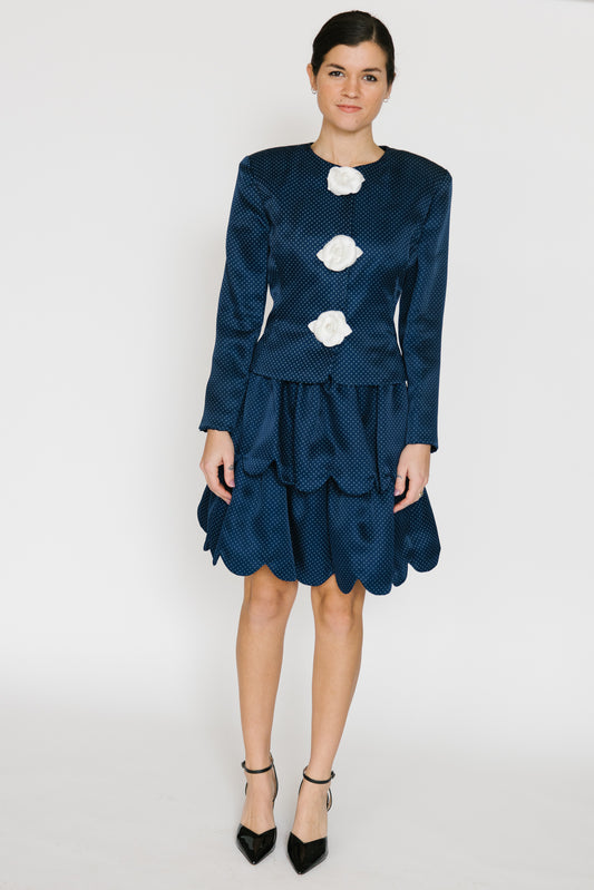 Arthur Doucette Navy Silk with White Rose Skirt Suit