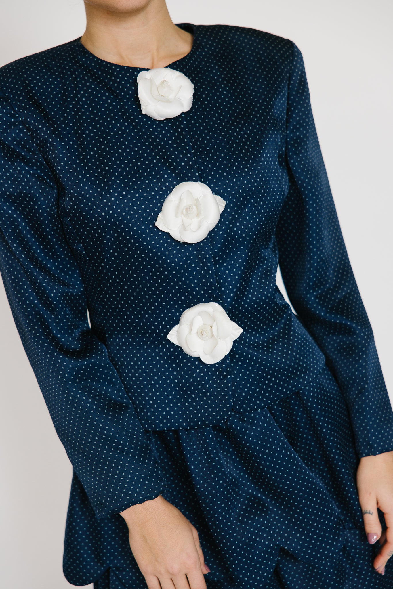 Arthur Doucette Navy Silk with White Rose Skirt Suit