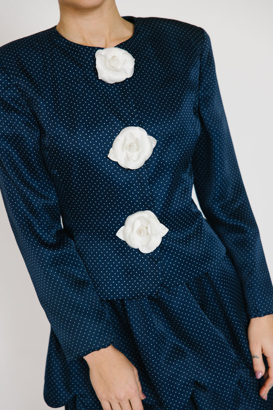 Arthur Doucette Navy Silk with White Rose Skirt Suit