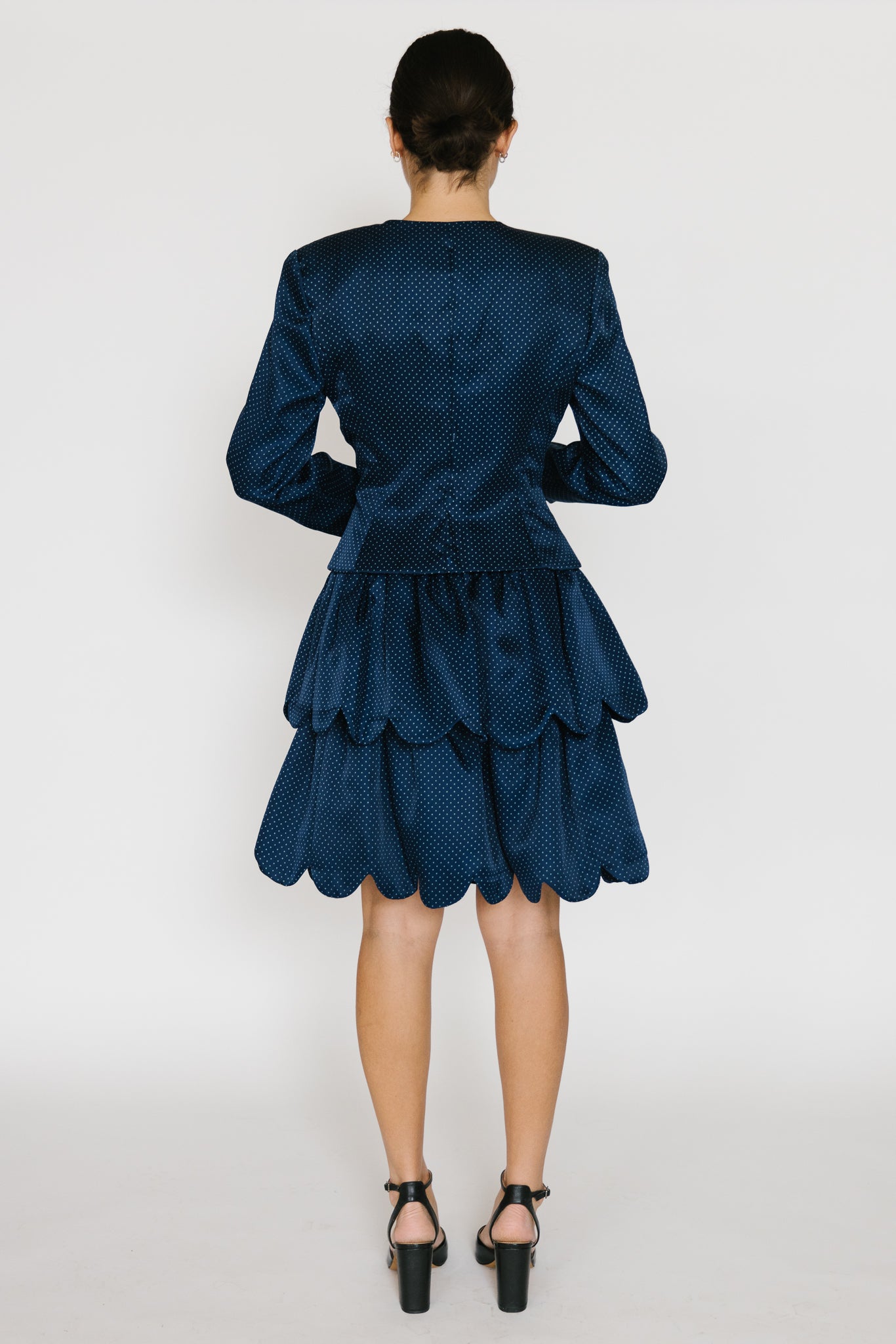 Arthur Doucette Navy Silk with White Rose Skirt Suit