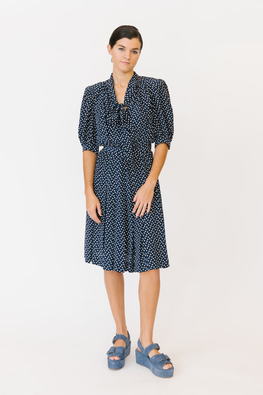 Saint Laurent Rive Gauche Navy Silk Polka Dot Dress