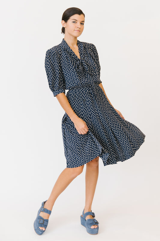 Saint Laurent Rive Gauche Navy Silk Polka Dot Dress