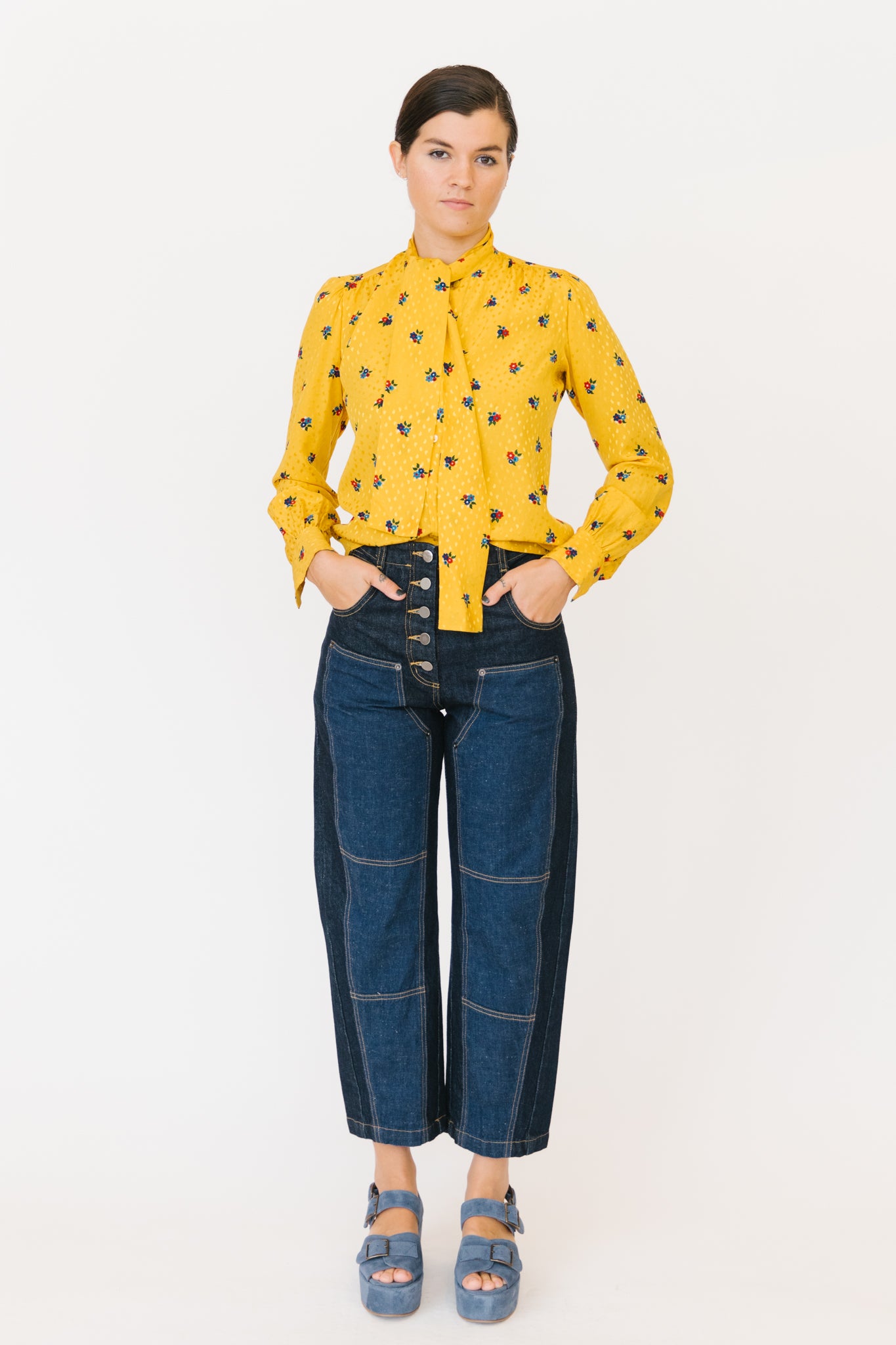 Saint Laurent Rive Gauche Yellow Floral Silk Blouse