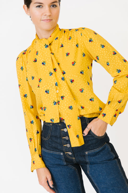 Saint Laurent Rive Gauche Yellow Floral Silk Blouse