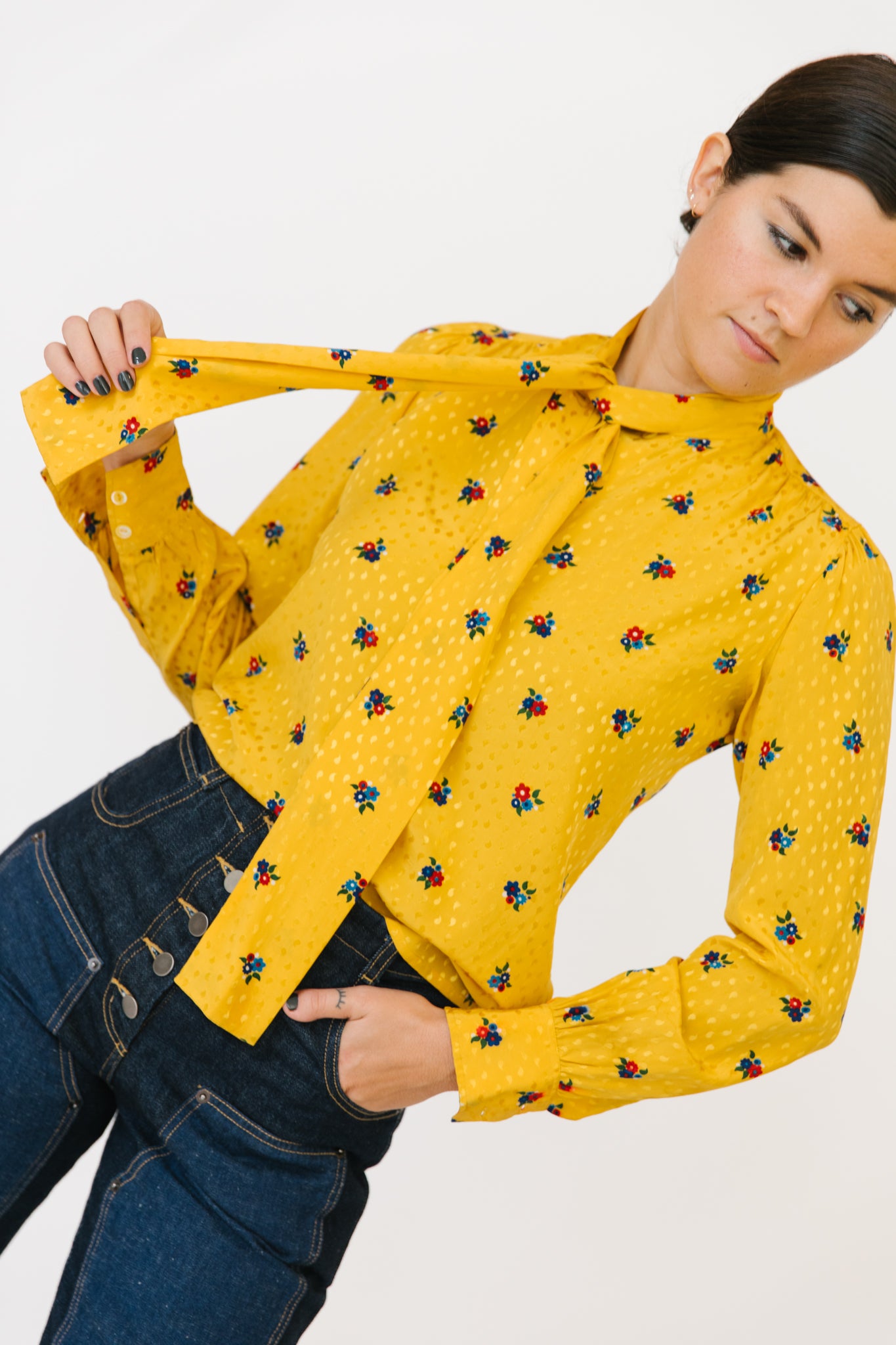 Saint Laurent Rive Gauche Yellow Floral Silk Blouse