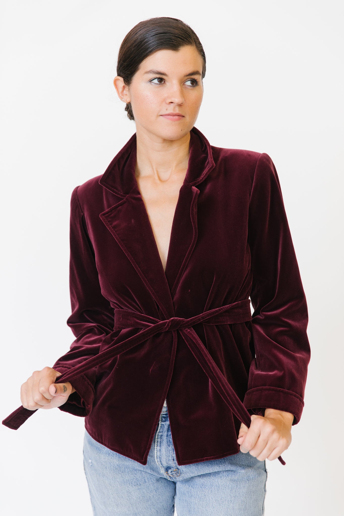 Saint Laurent Rive Gauche Merlot Velvet Jacket with Belt