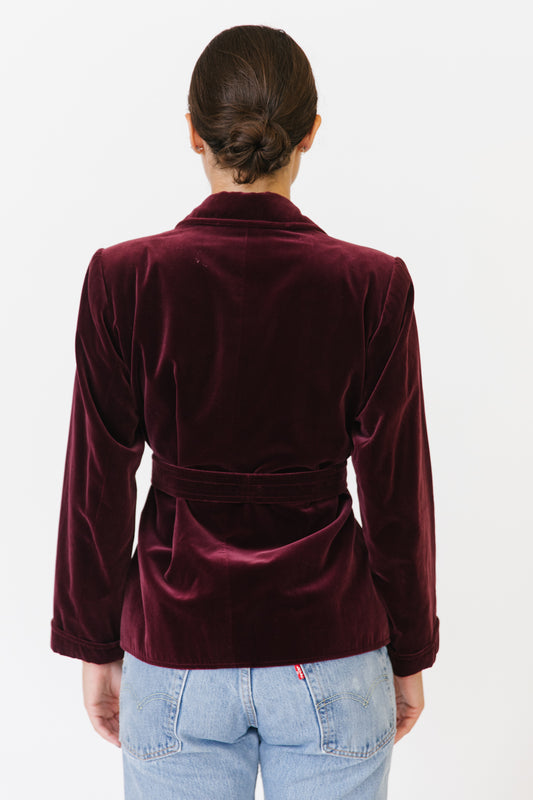 Saint Laurent Rive Gauche Merlot Velvet Jacket with Belt