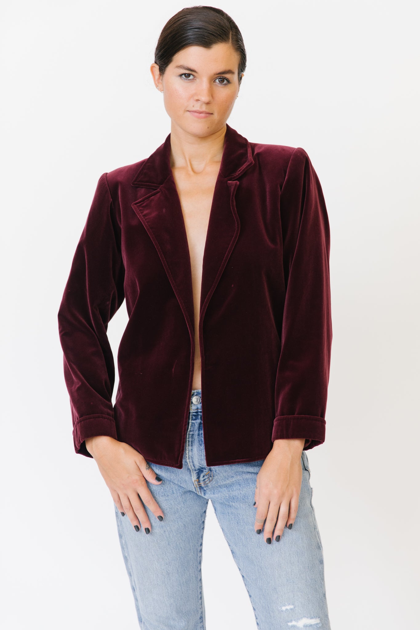 Saint Laurent Rive Gauche Merlot Velvet Jacket with Belt