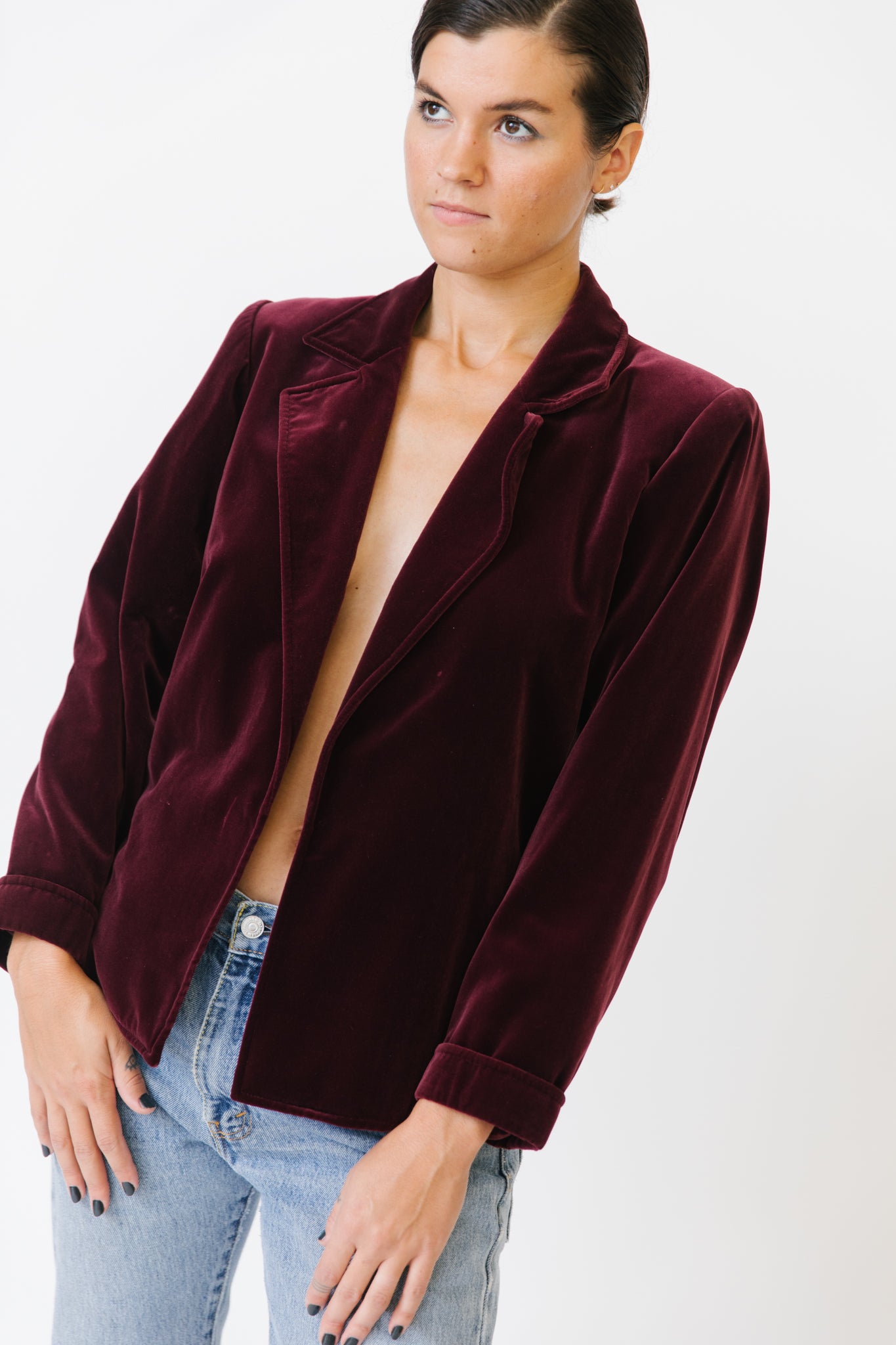 Saint Laurent Rive Gauche Merlot Velvet Jacket with Belt