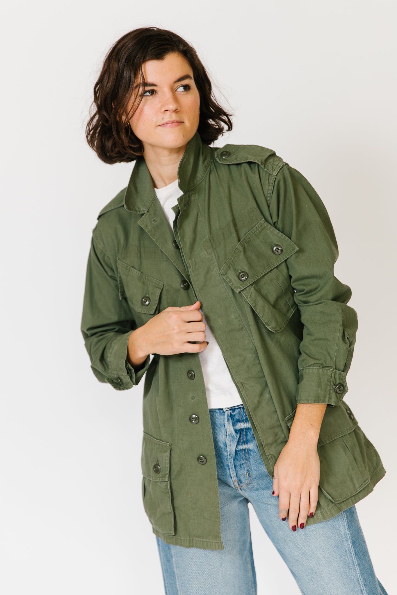 Green Military Jacket with Silk Appliqué