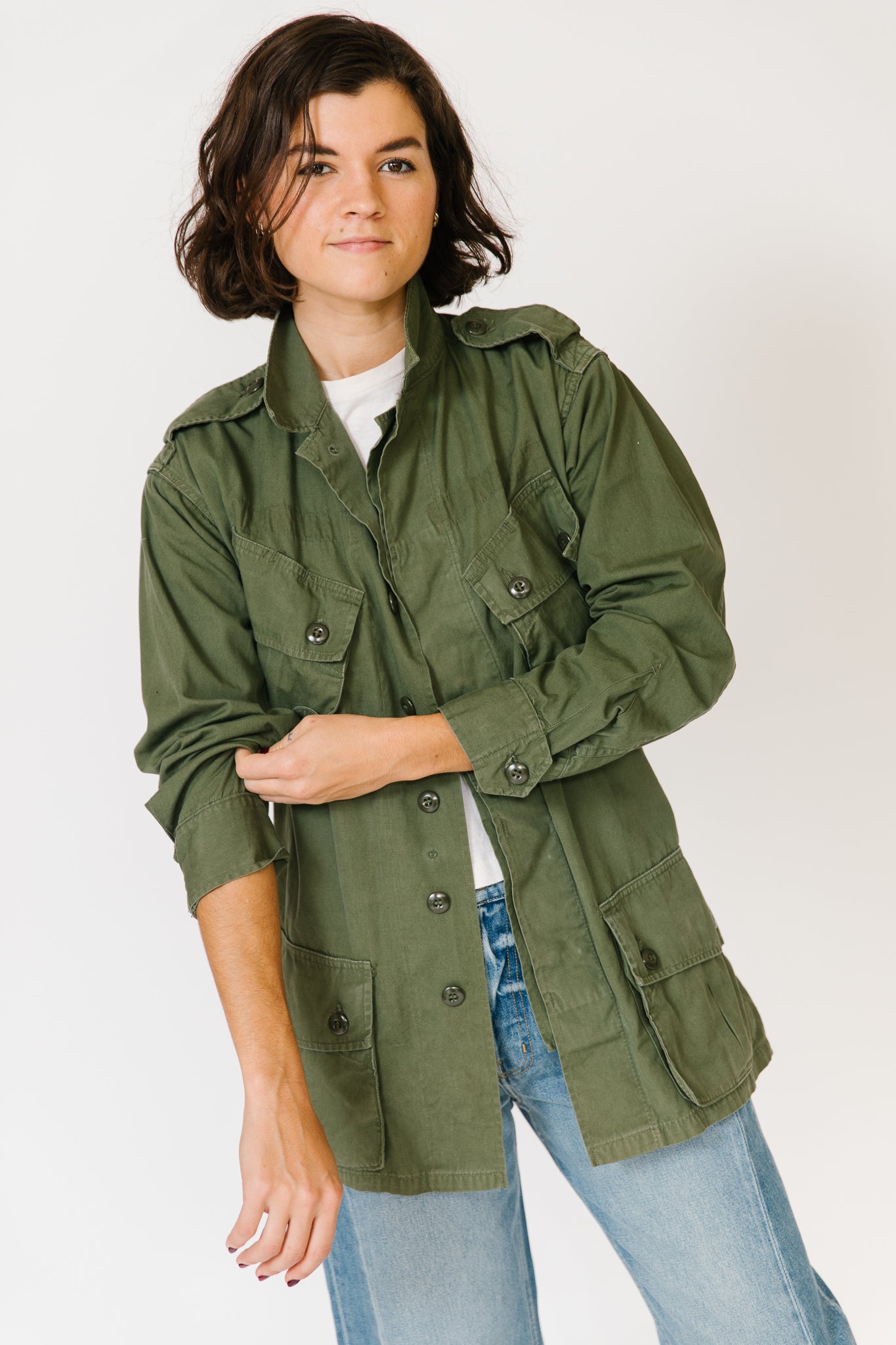 Green Military Jacket with Silk Appliqué