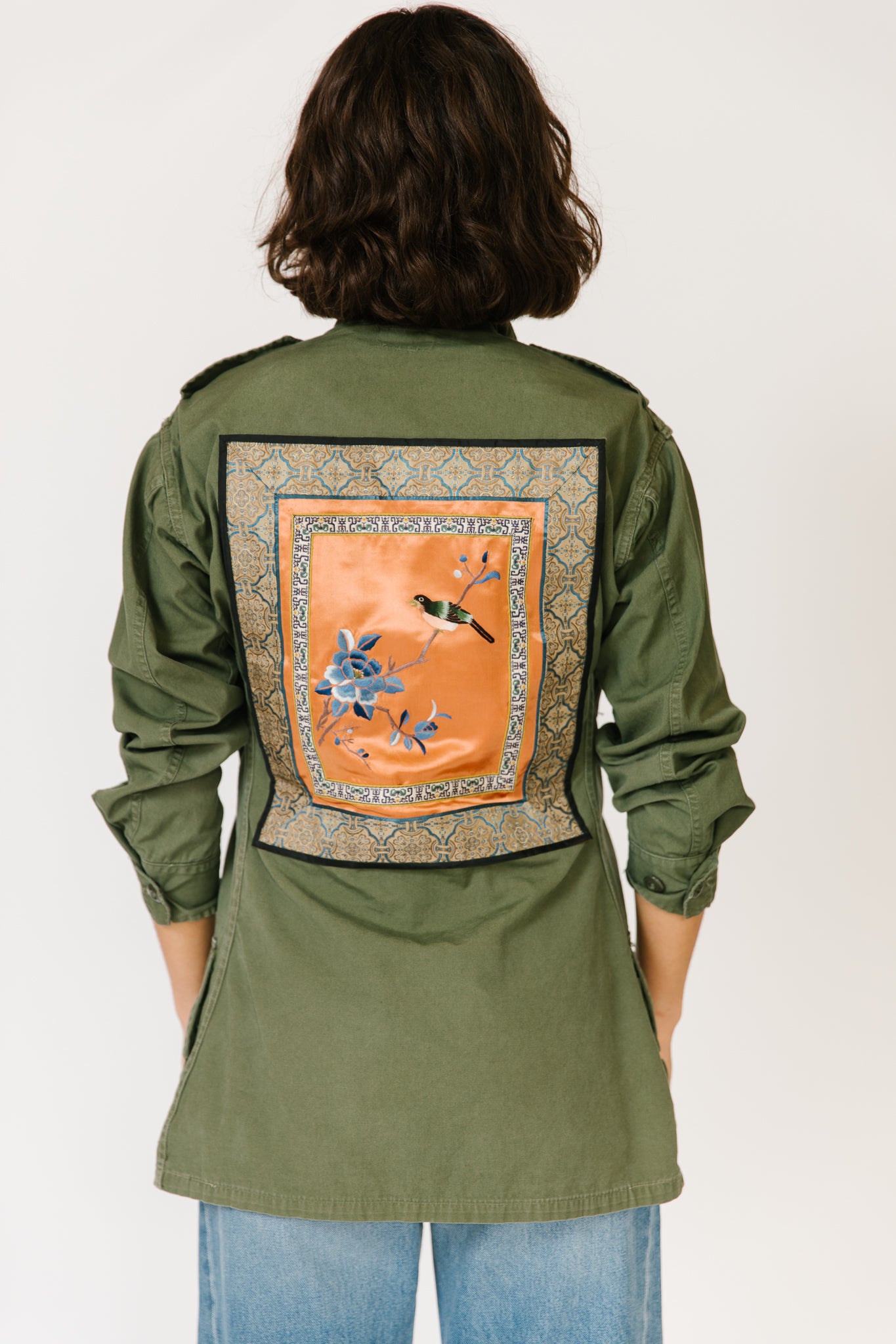 Green Military Jacket with Silk Appliqué