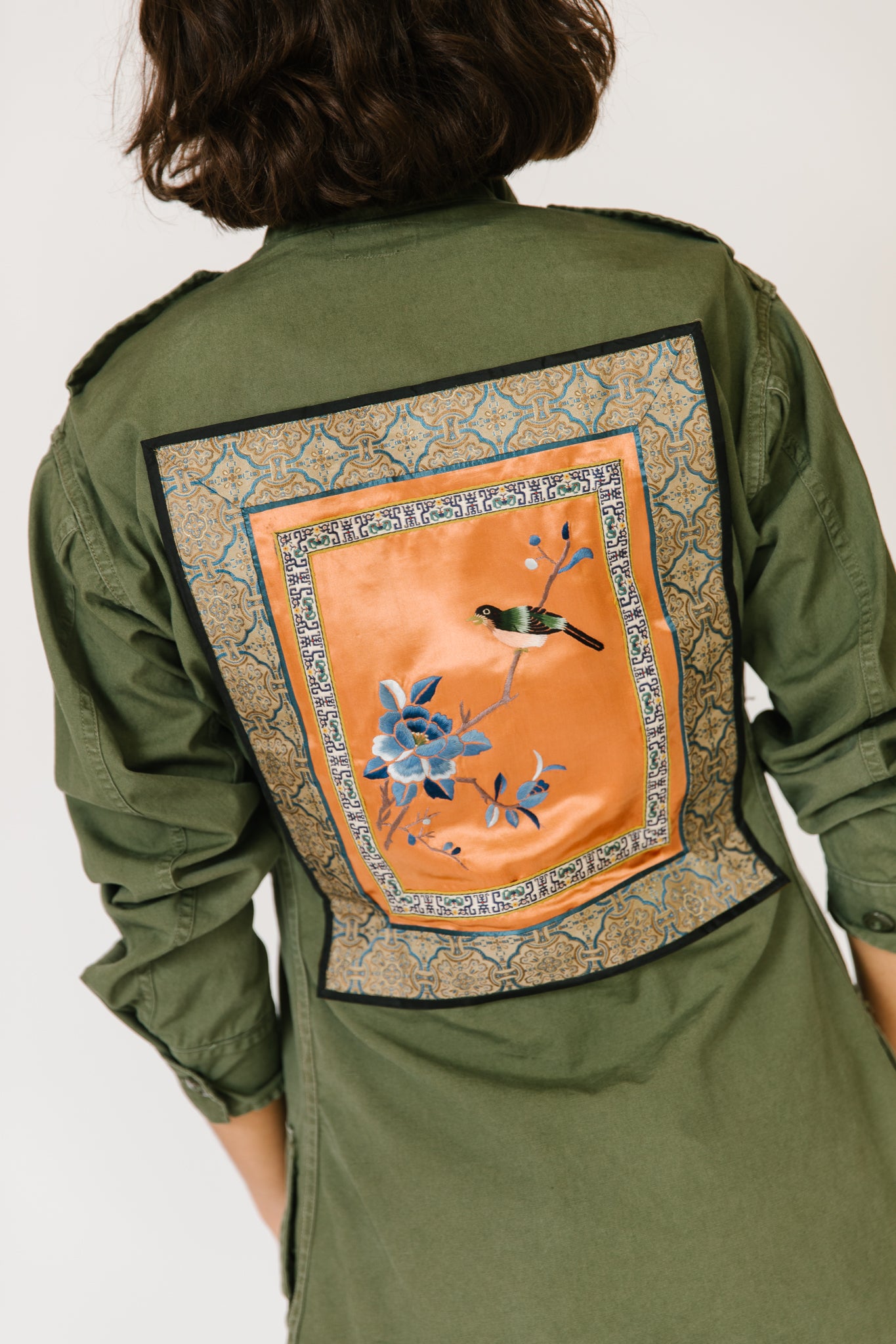 Green Military Jacket with Silk Appliqué