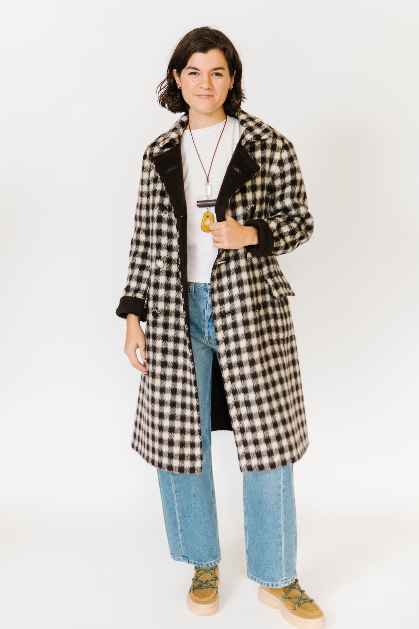 Brown and Cream Check Mohair Coat