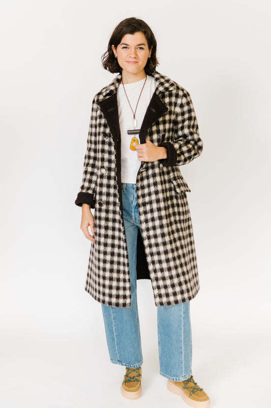 Brown and Cream Check Reversible Mohair Coat