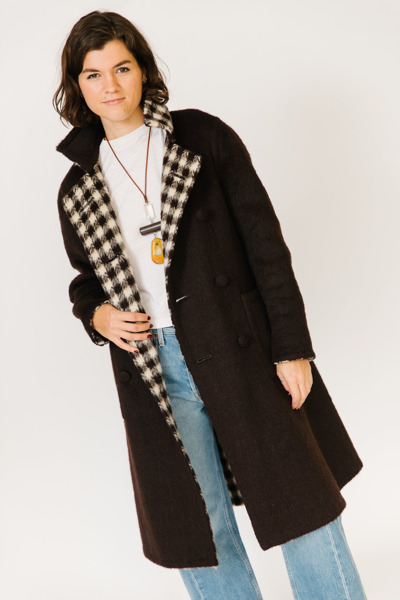 Brown and Cream Check Mohair Coat