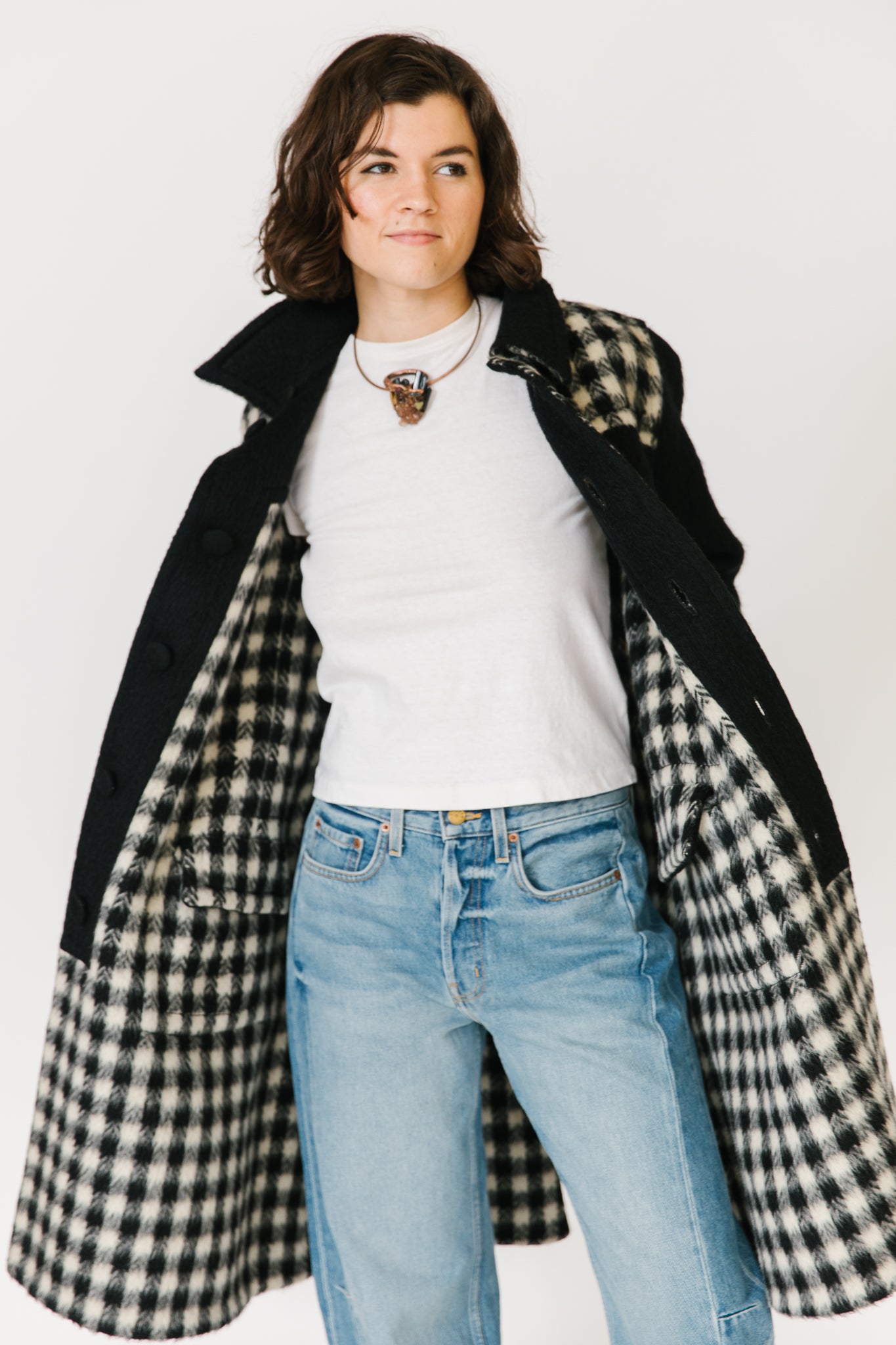 Black and White Check Reversible Mohair Coat