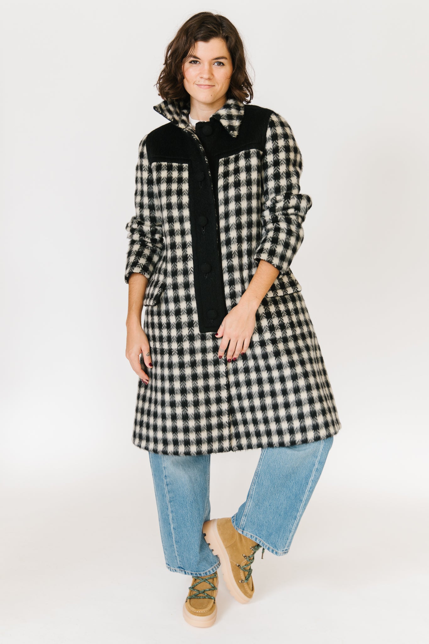 Black and White Check Reversible Mohair Coat