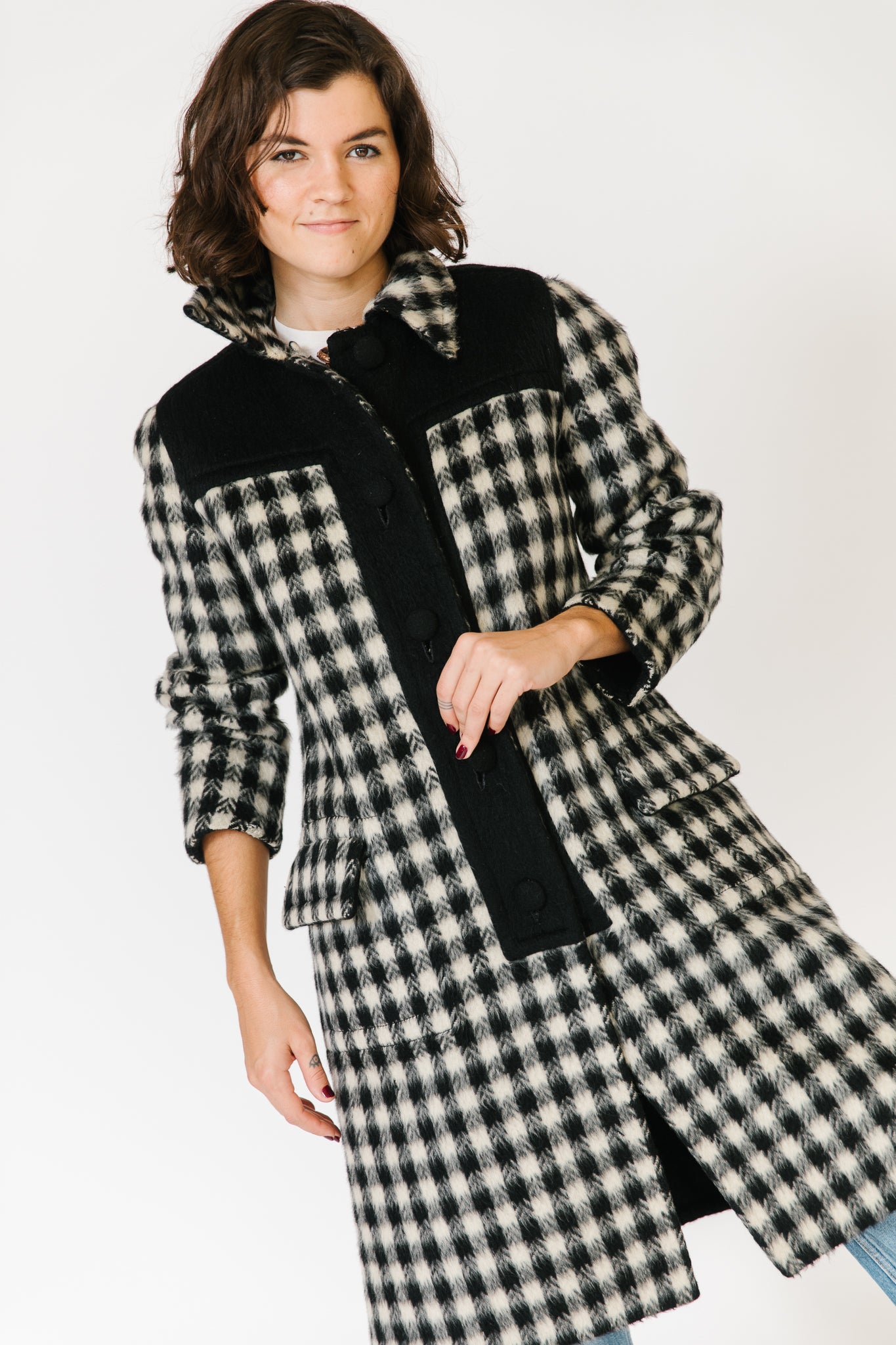 Black and White Check Reversible Mohair Coat