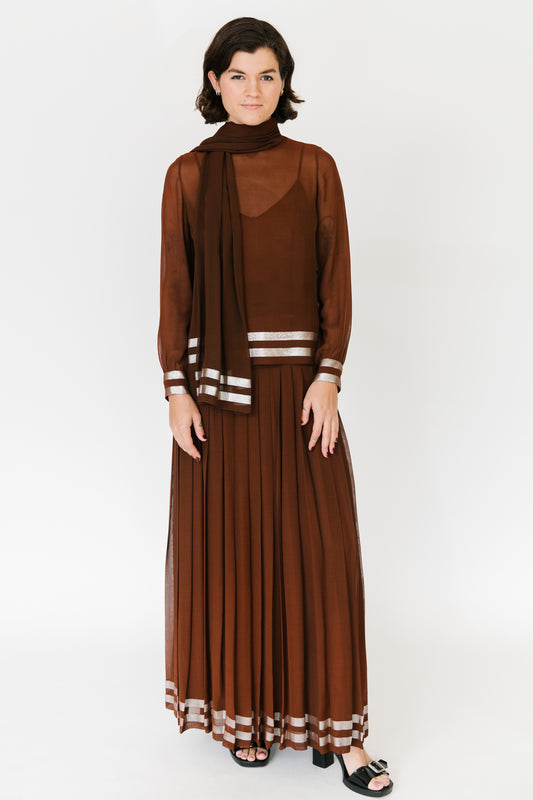 Chocolate Silk and Silver Lamé Pleated Gown