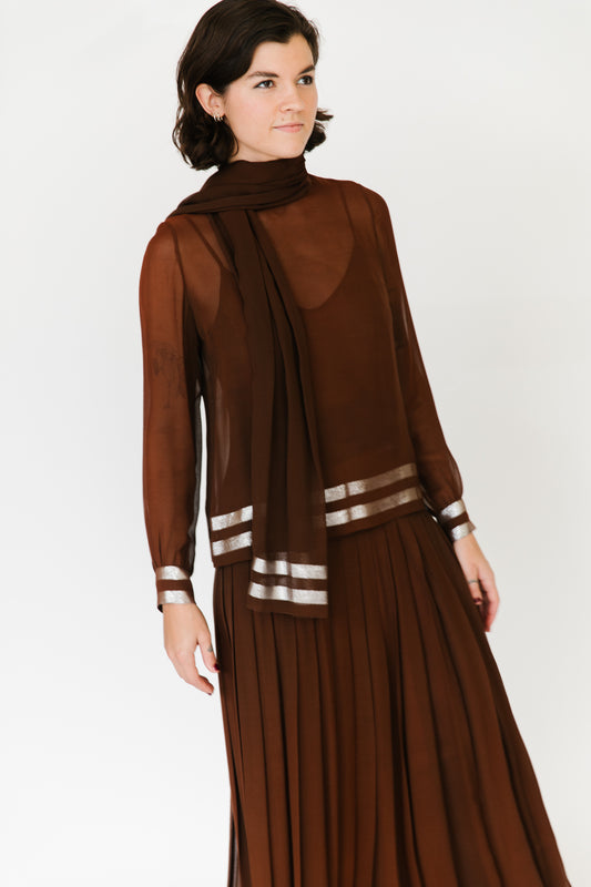 Chocolate Silk and Silver Lamé Pleated Gown