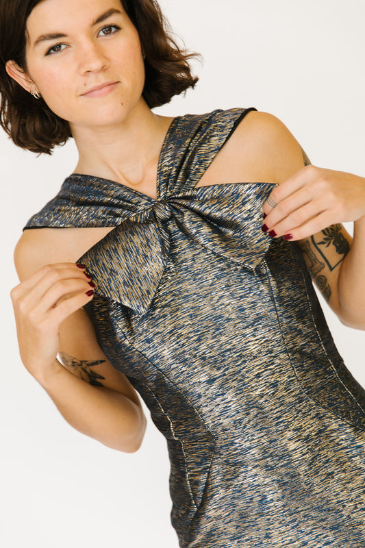 Navy and Gold Metallic Party Dress with Bow