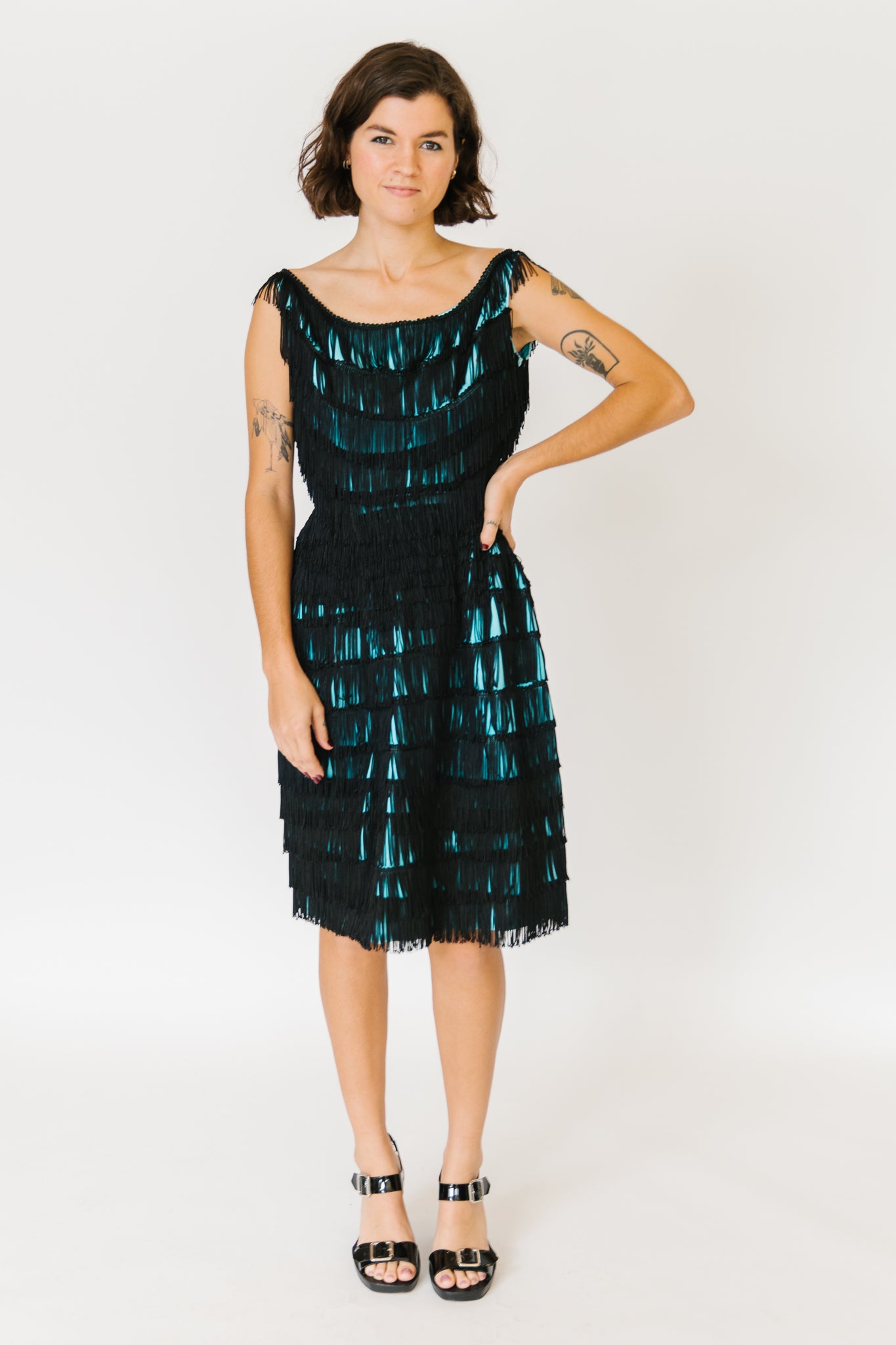 Teal with Black Fringe Overlay Dress