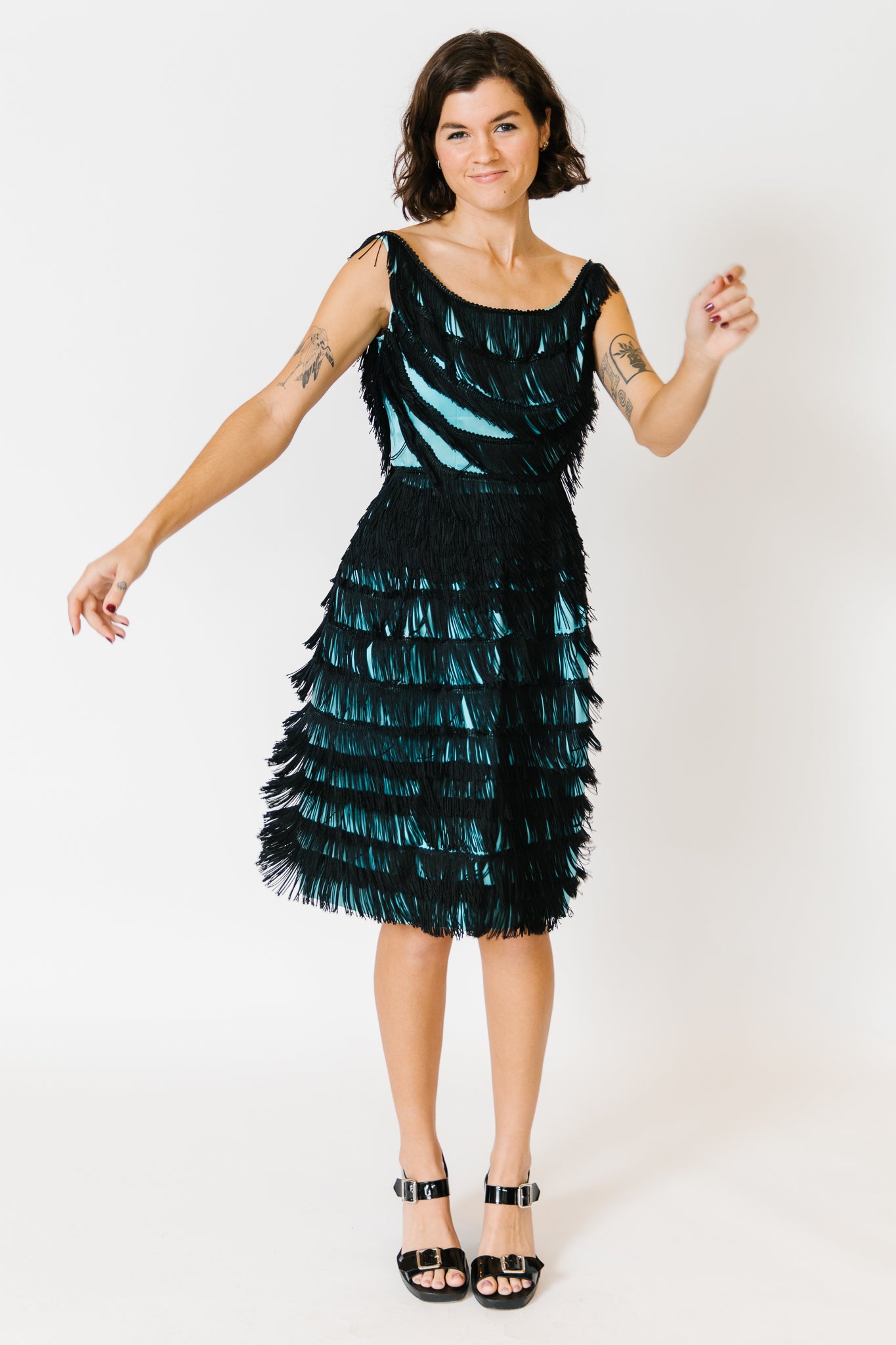 Teal with Black Fringe Overlay Dress