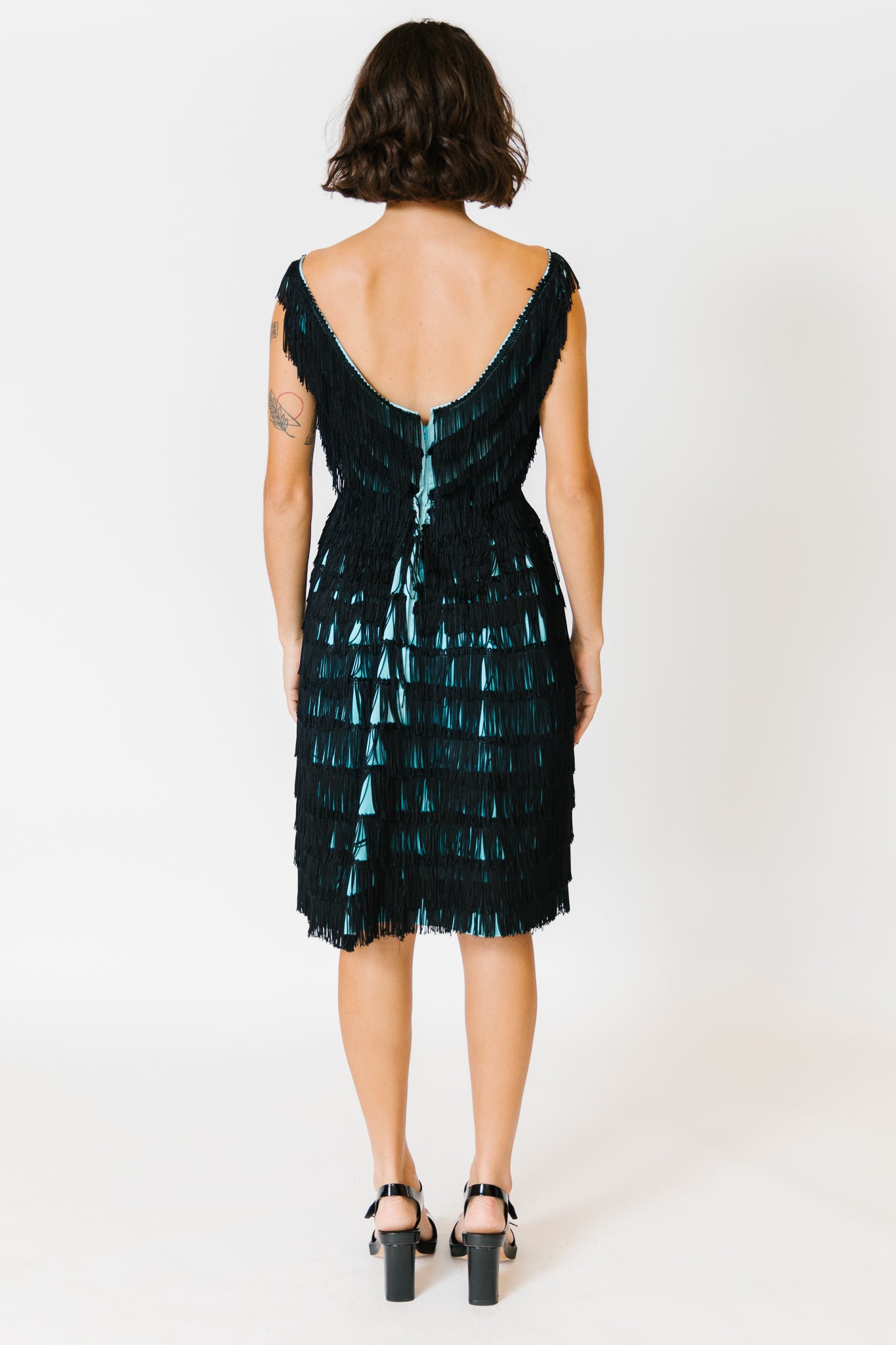 Teal with Black Fringe Overlay Dress