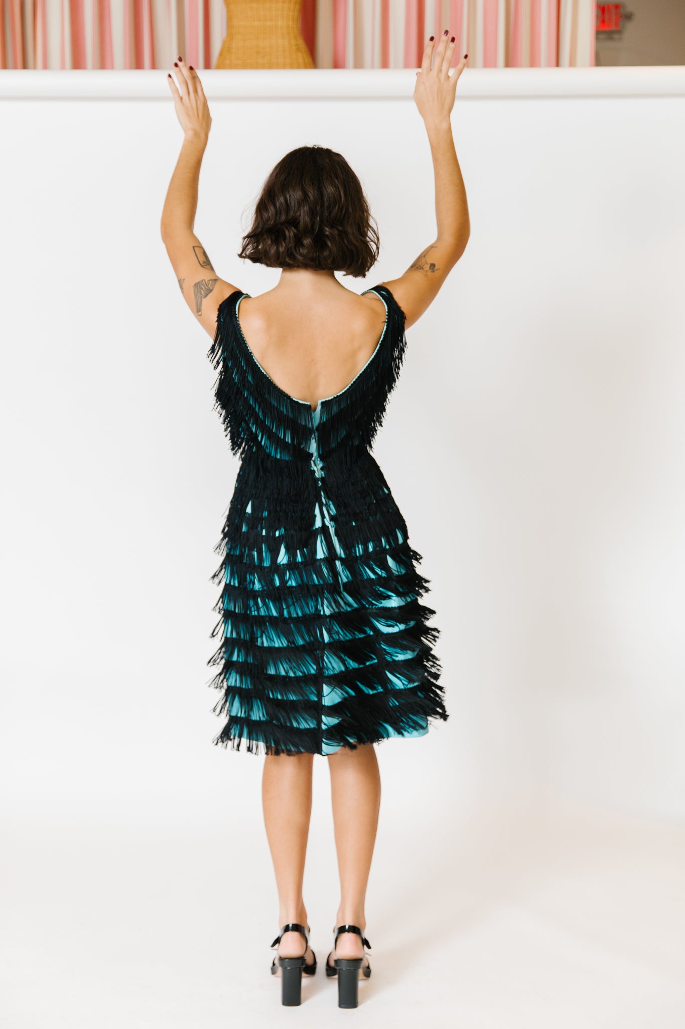 Teal with Black Fringe Overlay Dress