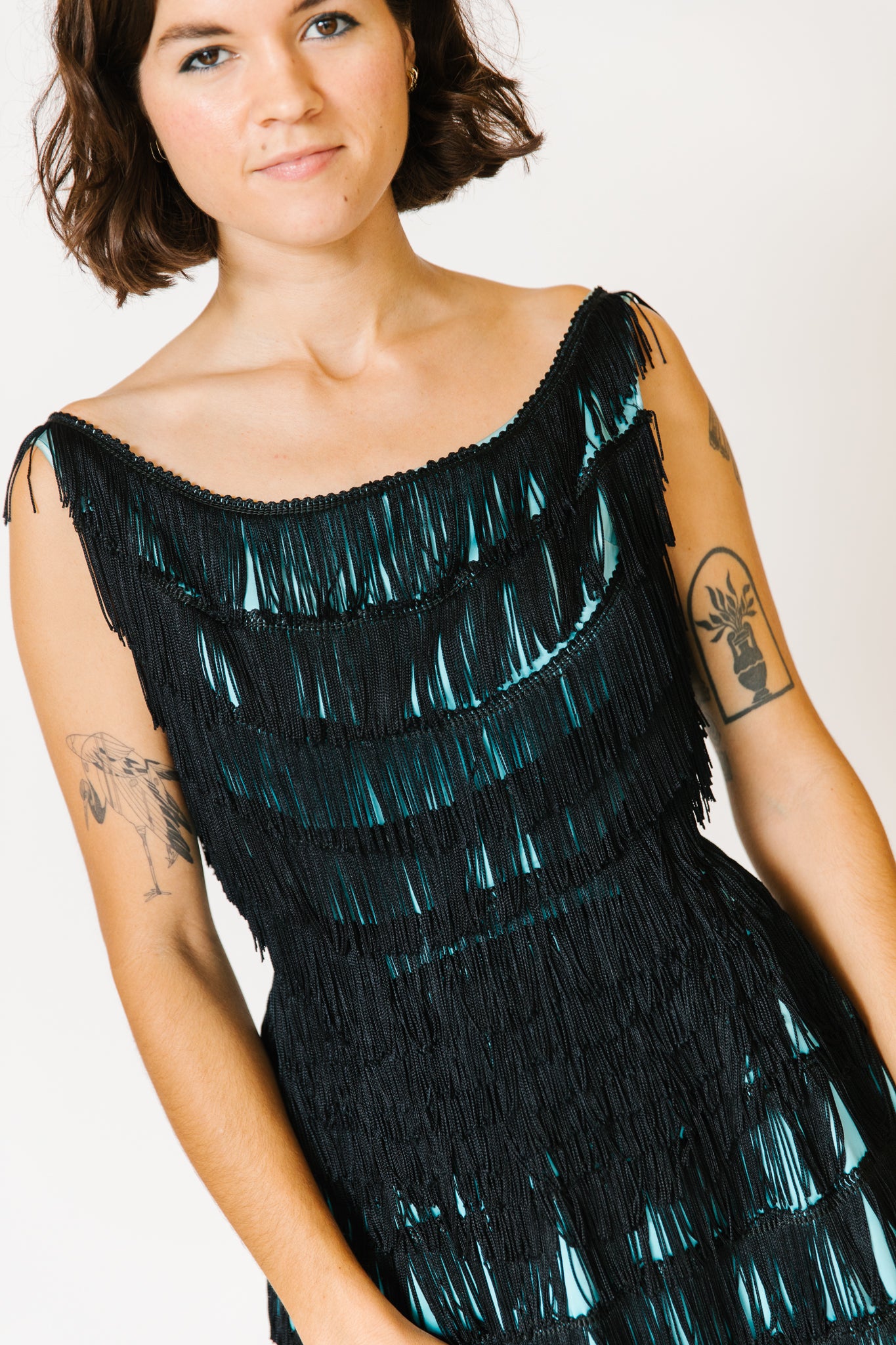 Teal with Black Fringe Overlay Dress