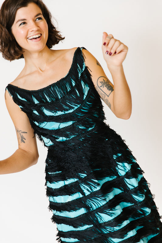 Teal with Black Fringe Overlay Dress