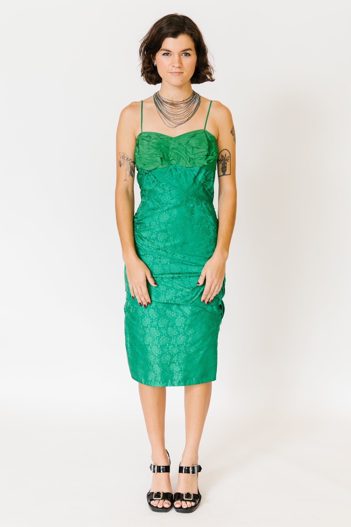 Green Floral Brocade Party Dress