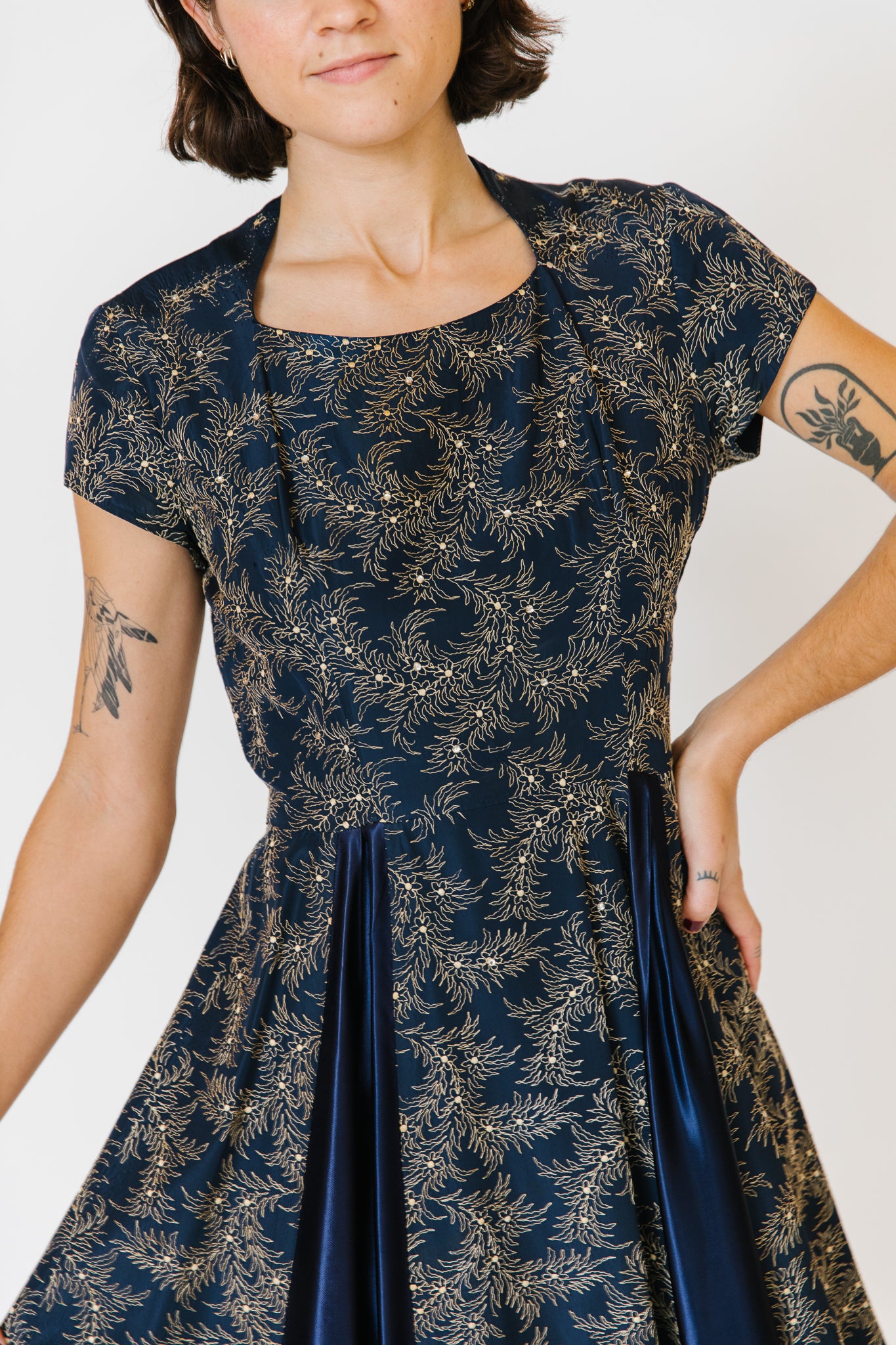 1940s Hand embroidered Navy Satin Cocktail Dress