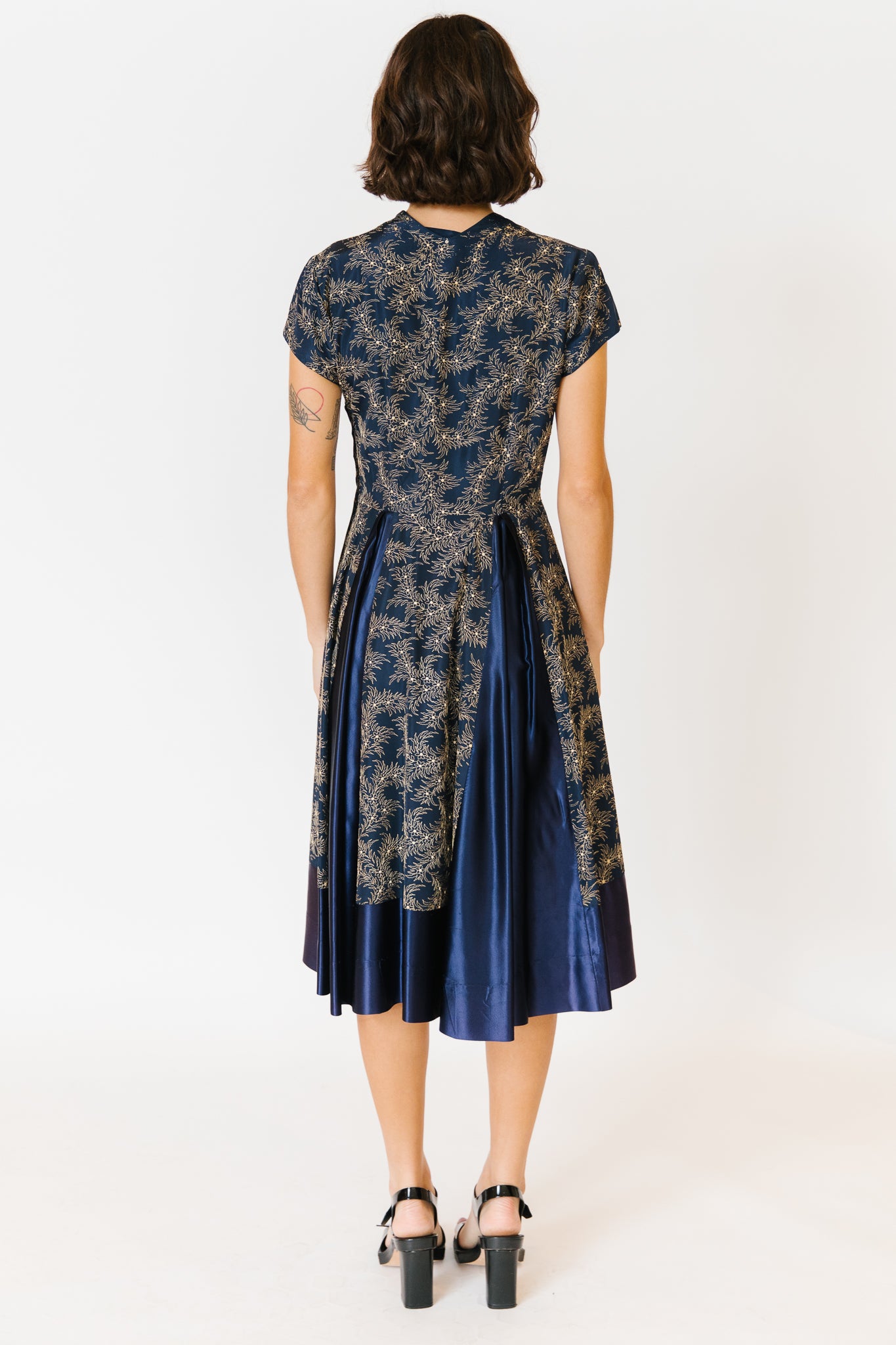 1940s Hand embroidered Navy Satin Cocktail Dress