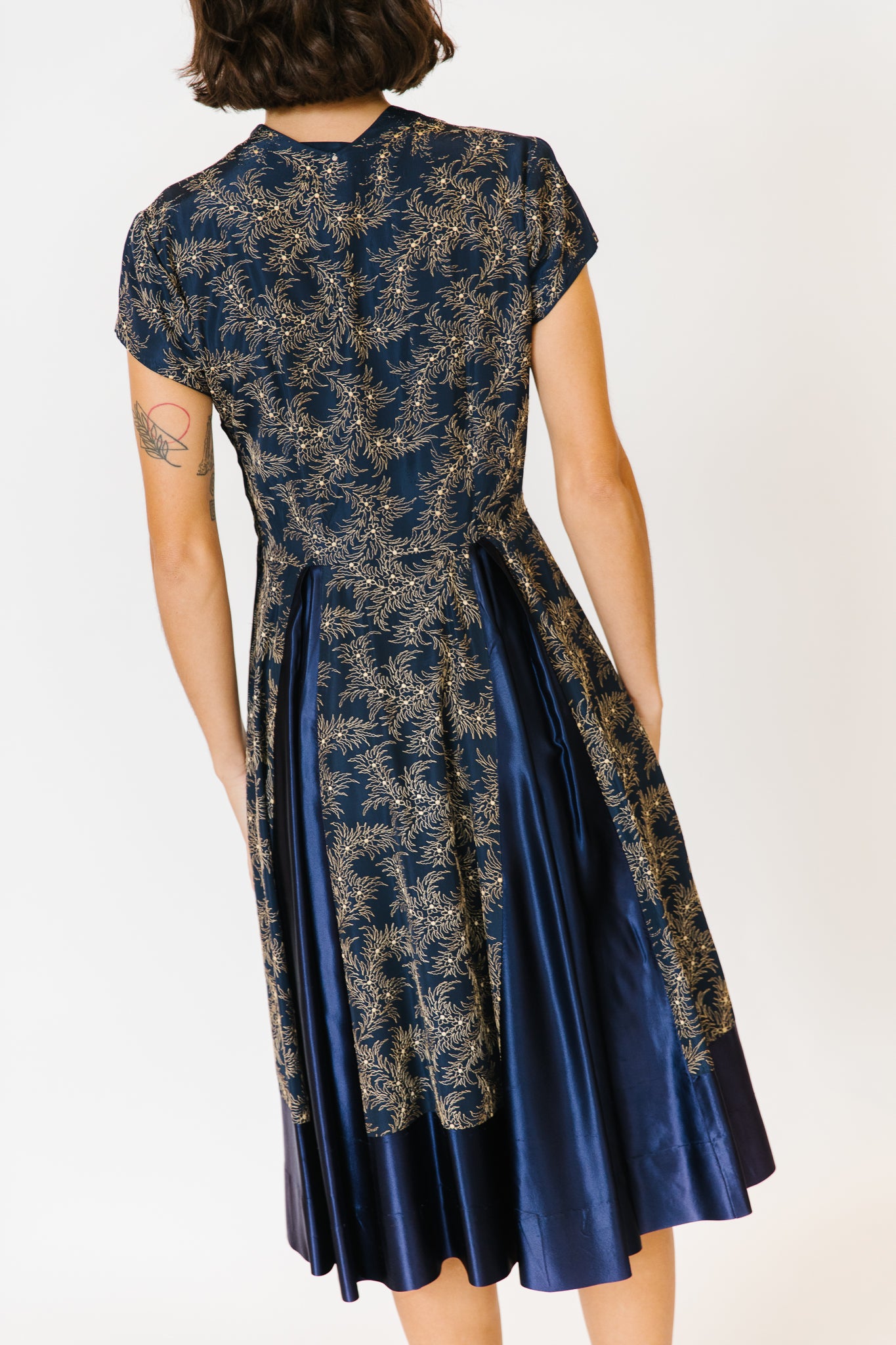 1940s Hand embroidered Navy Satin Cocktail Dress