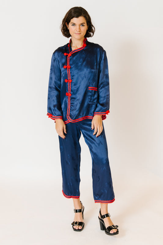 Holiday Blue/Red Asian Style Silk Lounge Set