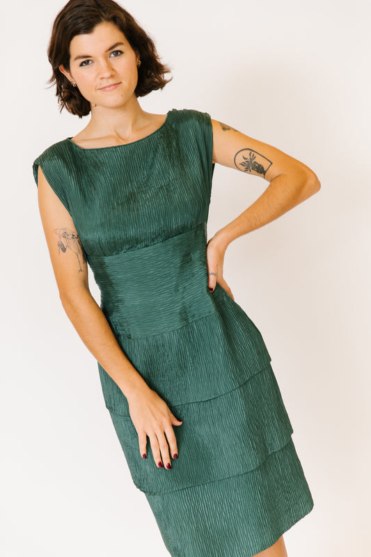 Victor Edelstein Plissé Green Silk Cocktail Dress