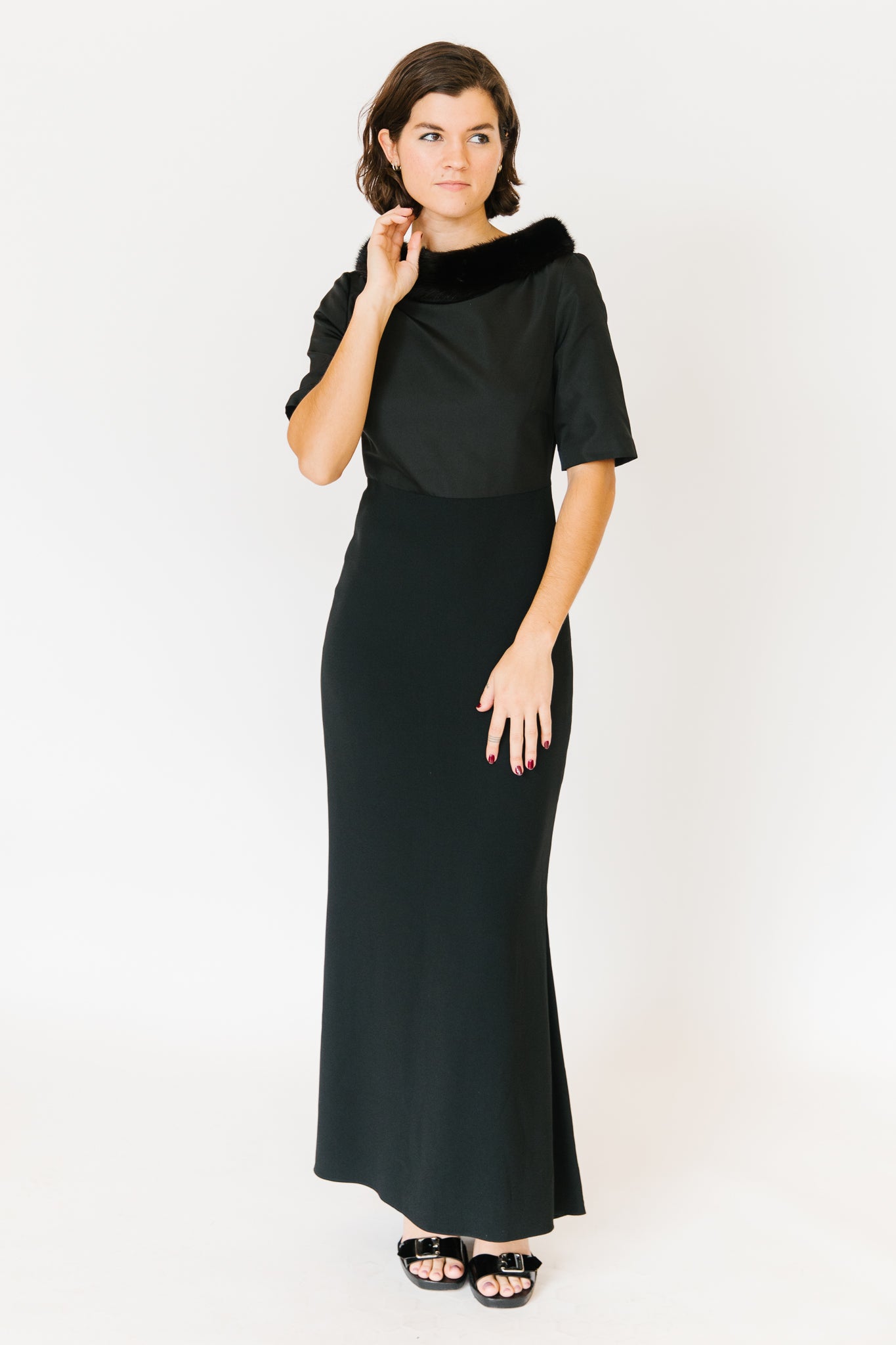 Black Mink Trimmed Silk Boat-Neck Gown