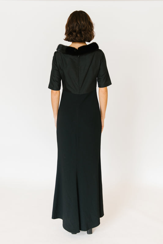 Black Mink Trimmed Silk Boat-Neck Gown