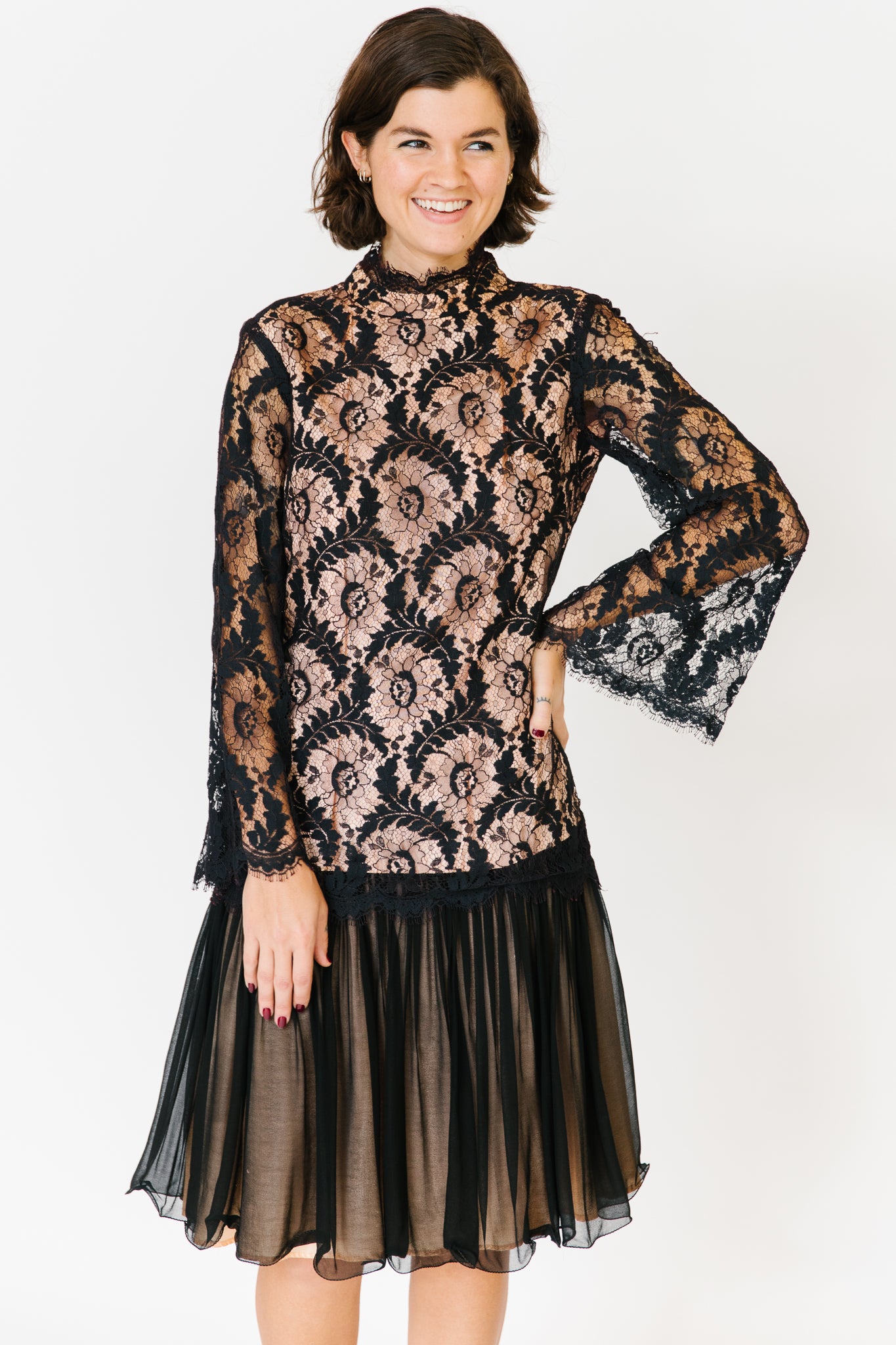 Mitzy Black Lace Drop-Waist Party Dress