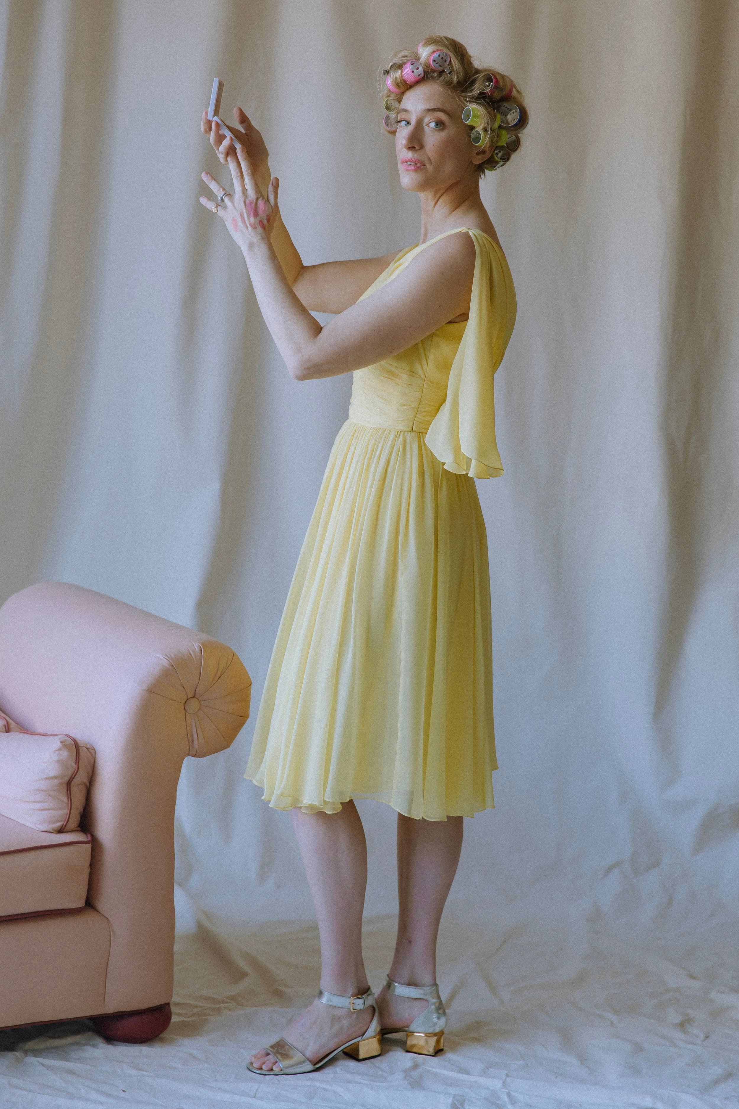 Yellow Chiffon Tea Length Dresses